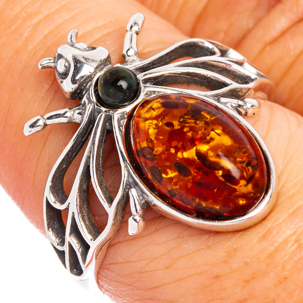 Baltic Amber Honey Bee Ring Size 8 (.925 Sterling Silver)