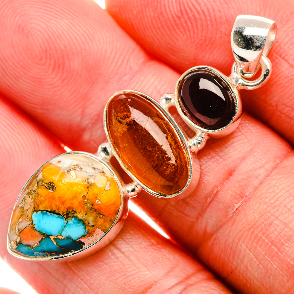 Spiny Oyster Turquoise, Citrine, Garnet Pendant 2" (925 Sterling Silver) PD38258