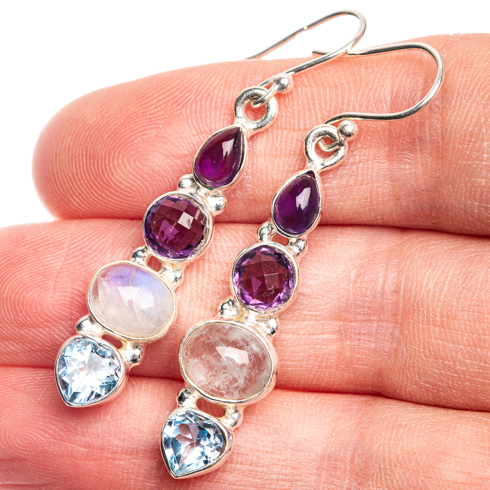 Rainbow Moonstone, Amethyst, Blue Topaz Earrings 1 7/8" (925 Sterling Silver) E432688