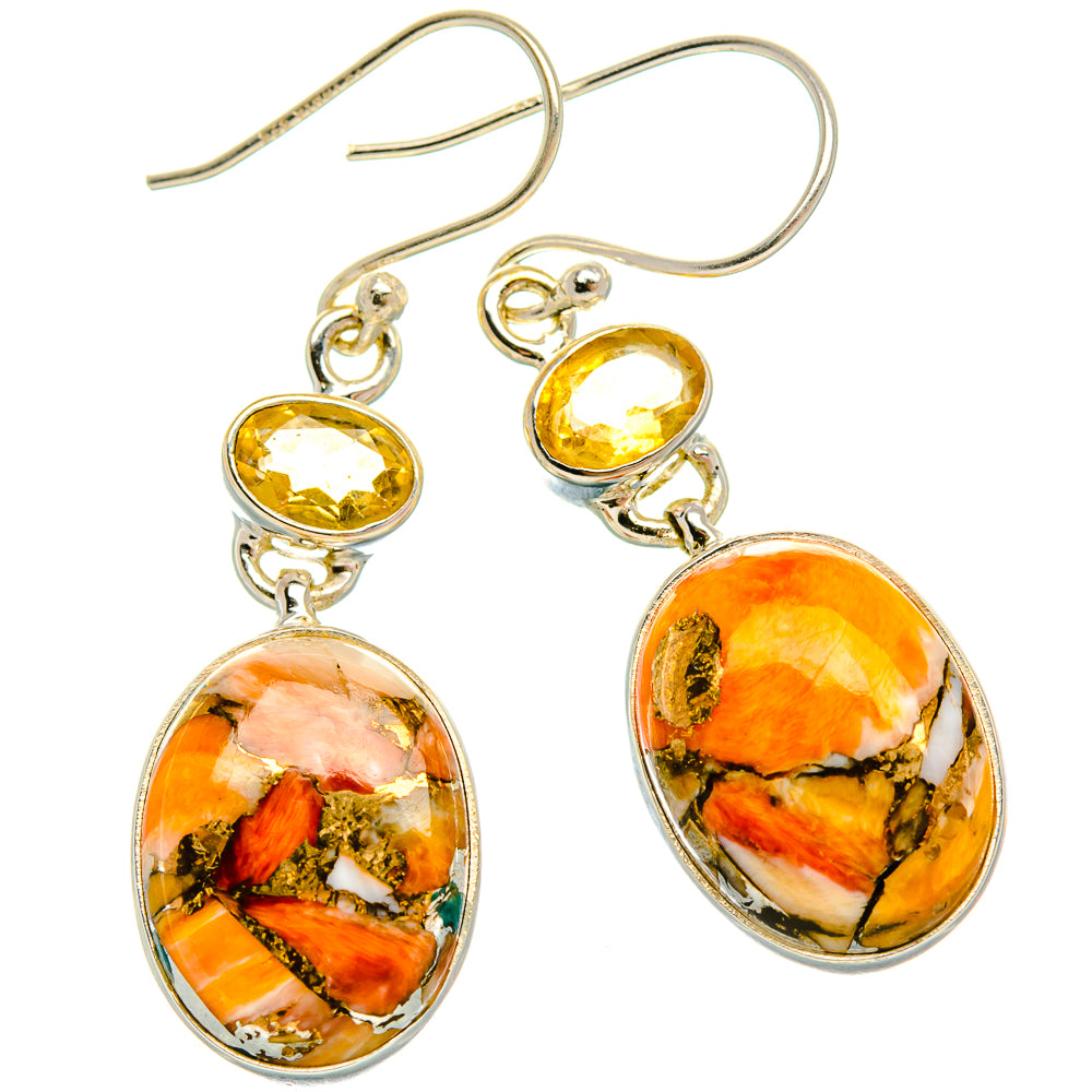 Orange Copper Composite Turquoise, Citrine Earrings 1 3/4" (925 Sterling Silver) EARR432007