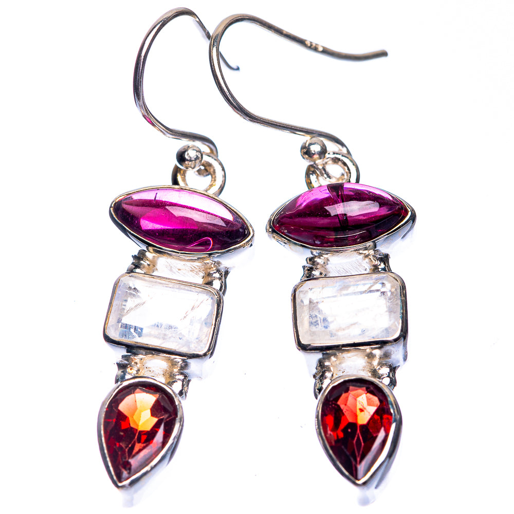 Rainbow Moonstone, Garnet Earrings 1 5/8" (925 Sterling Silver) E432717