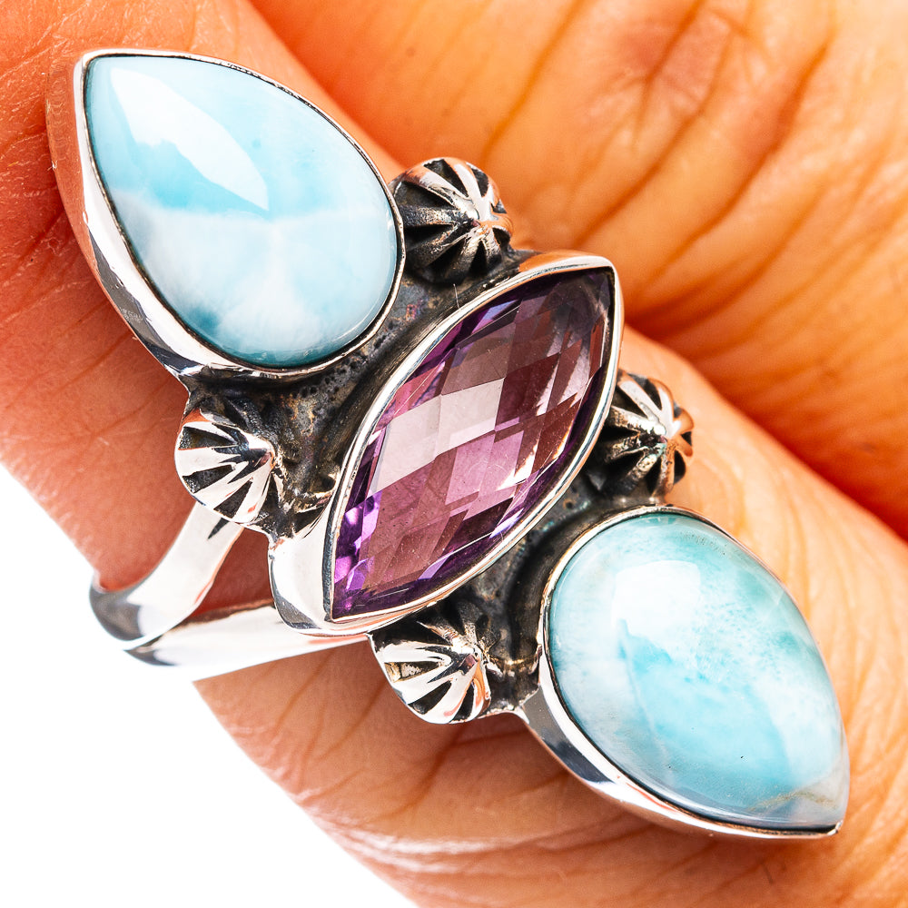 Premium Larimar, Amethyst Ring Size 6.25 (.925 Sterling Silver)