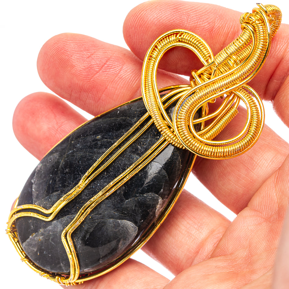 Larvikite Wire Wrap Pendant 2 1/8" (Gold Plated)