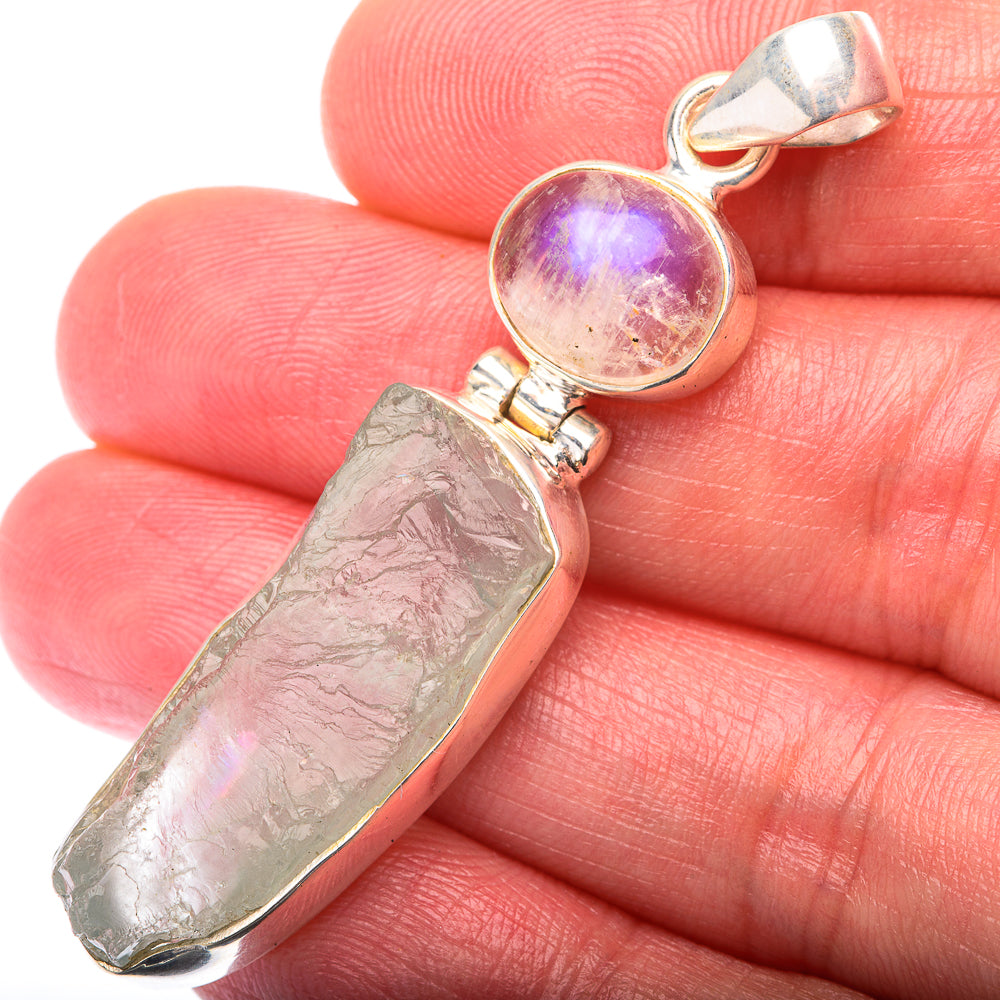 Raw Aquamarine, Rainbow Moonstone Pendant 2 1/8" (925 Sterling Silver) PD38534