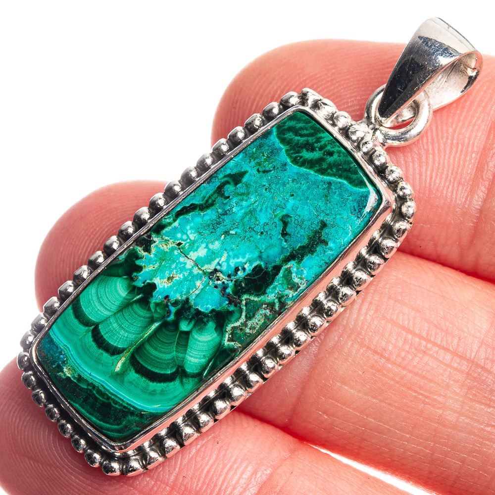 Malachite In Chrysocolla 925 Sterling Silver Pendant 1 5/8"