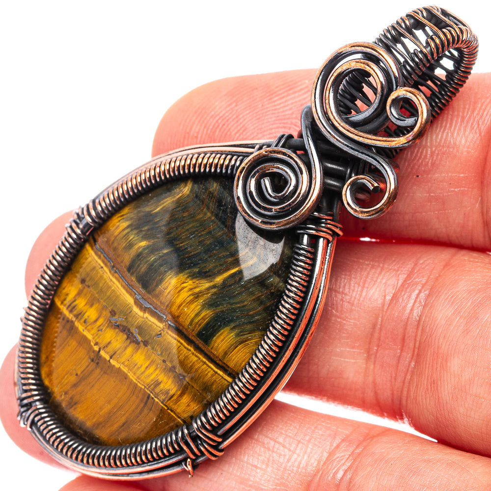 Tiger's Eye Wire Wrap Pendant 2 3/8" (Oxidized Copper)