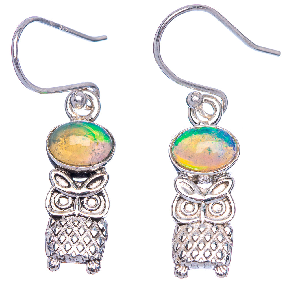 Rare Ethiopian Opal Owl Earrings 1 3/8" (925 Sterling Silver) E1496