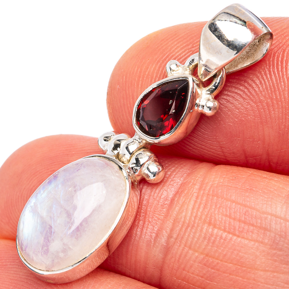 Rainbow Moonstone, Garnet Pendant 1 3/8" (.925 Sterling Silver)