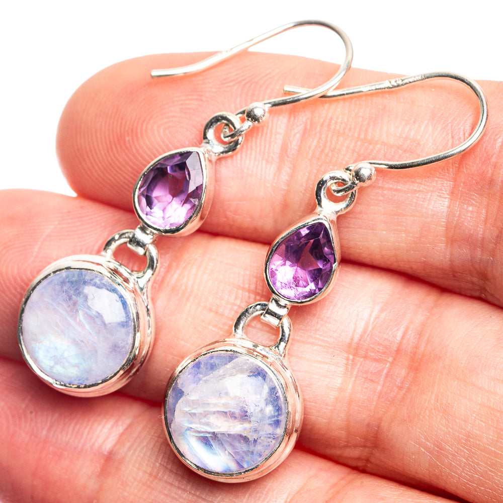 Rainbow Moonstone, Amethyst Earrings 1 5/8" (925 Sterling Silver) E432733