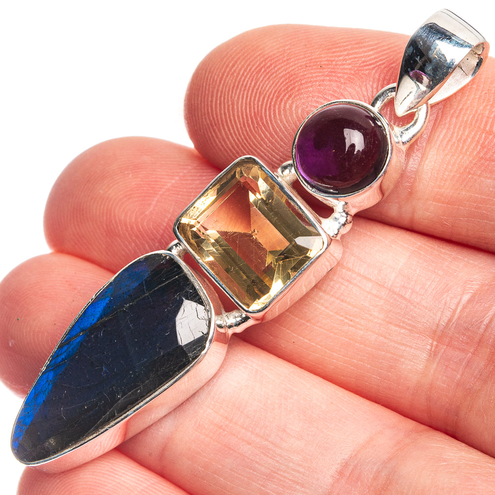 Labradorite, Amethyst, Citrine 925 Sterling Silver Pendant 2 1/8"