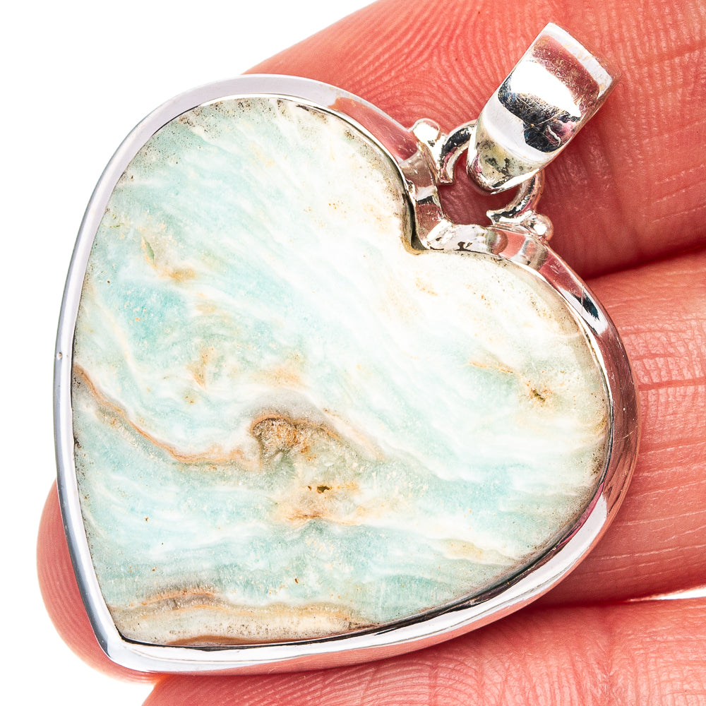 Blue Aragonite Heart Pendant 1 3/8" (.925 Sterling Silver)