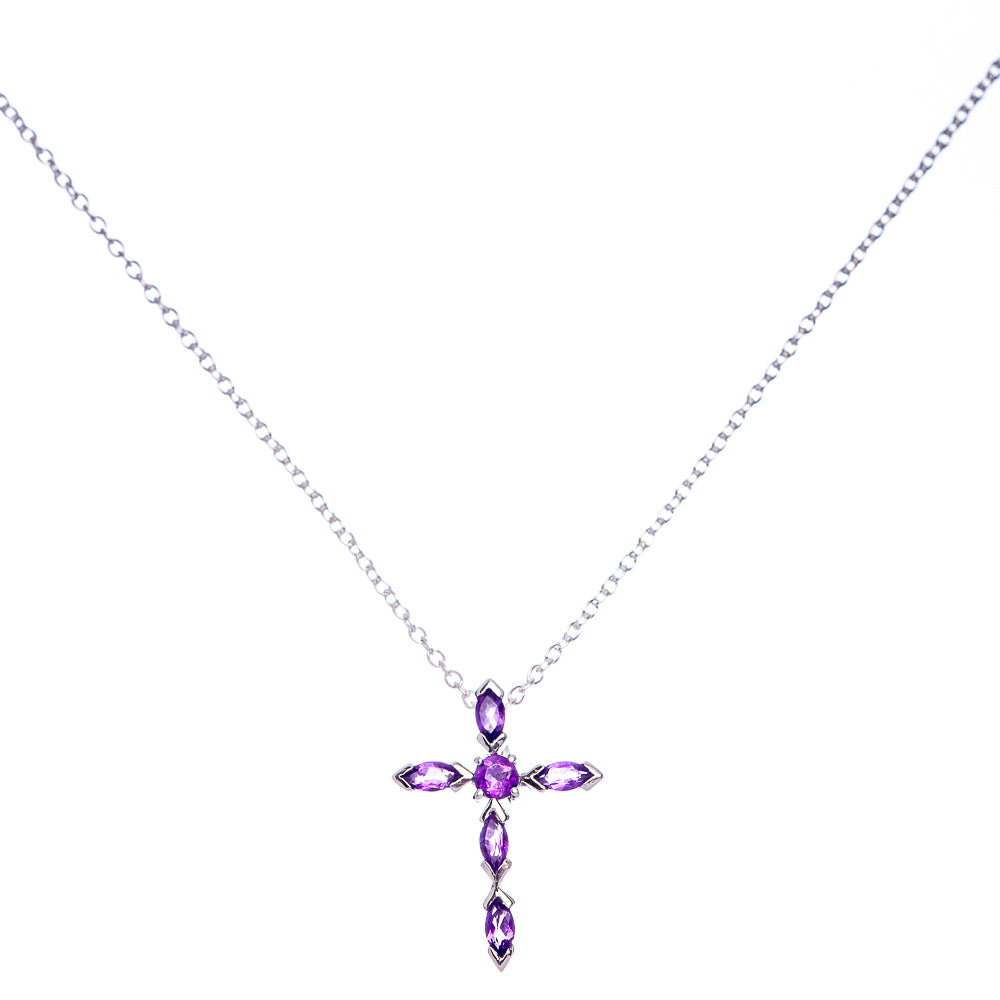 Faceted Amethyst Cross Necklace 18" (925 Sterling Silver) N90066