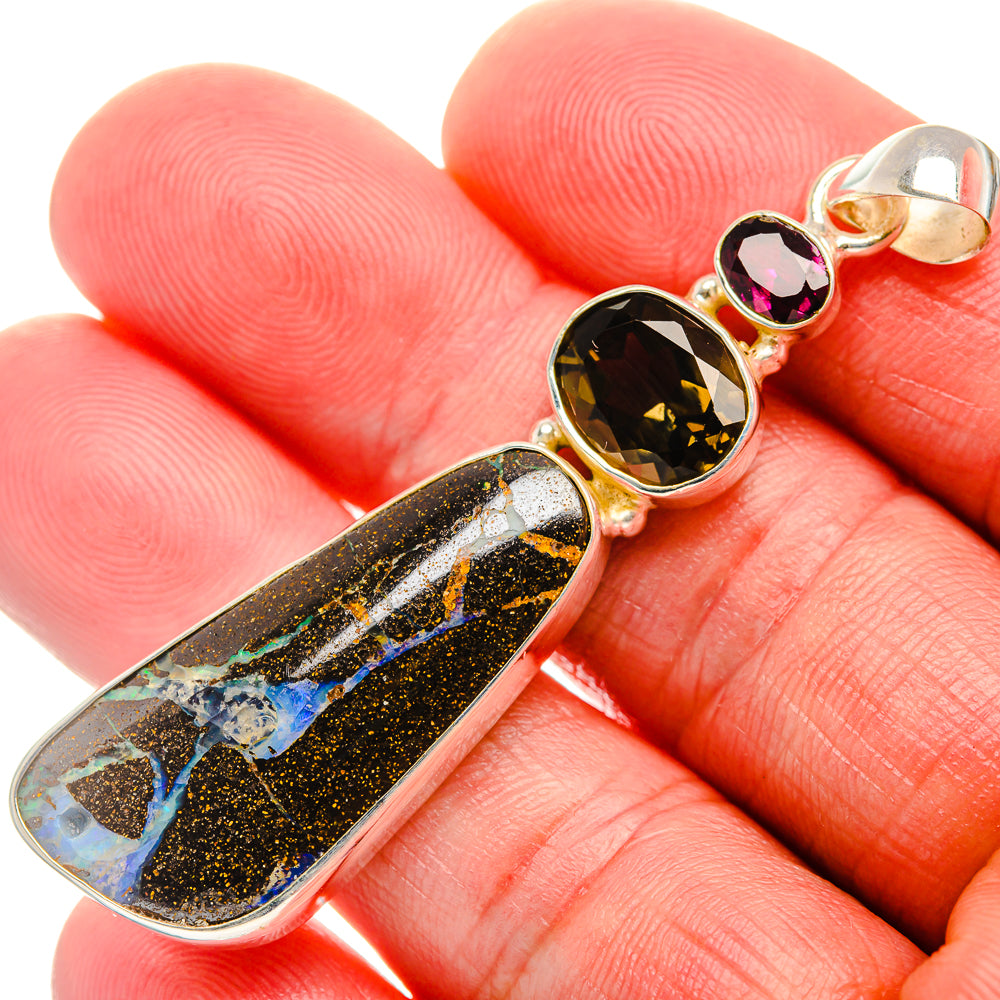 Boulder Opal, Smoky Quartz, Garnet Pendant 2 1/2" (925 Sterling Silver) PD38198