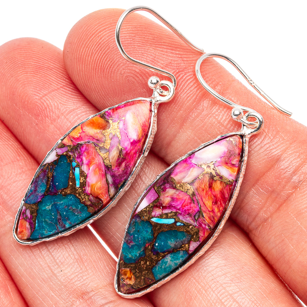 Kingman Pink Dahlia Turquoise Earrings 1 7/8" (925 Sterling Silver) E1726