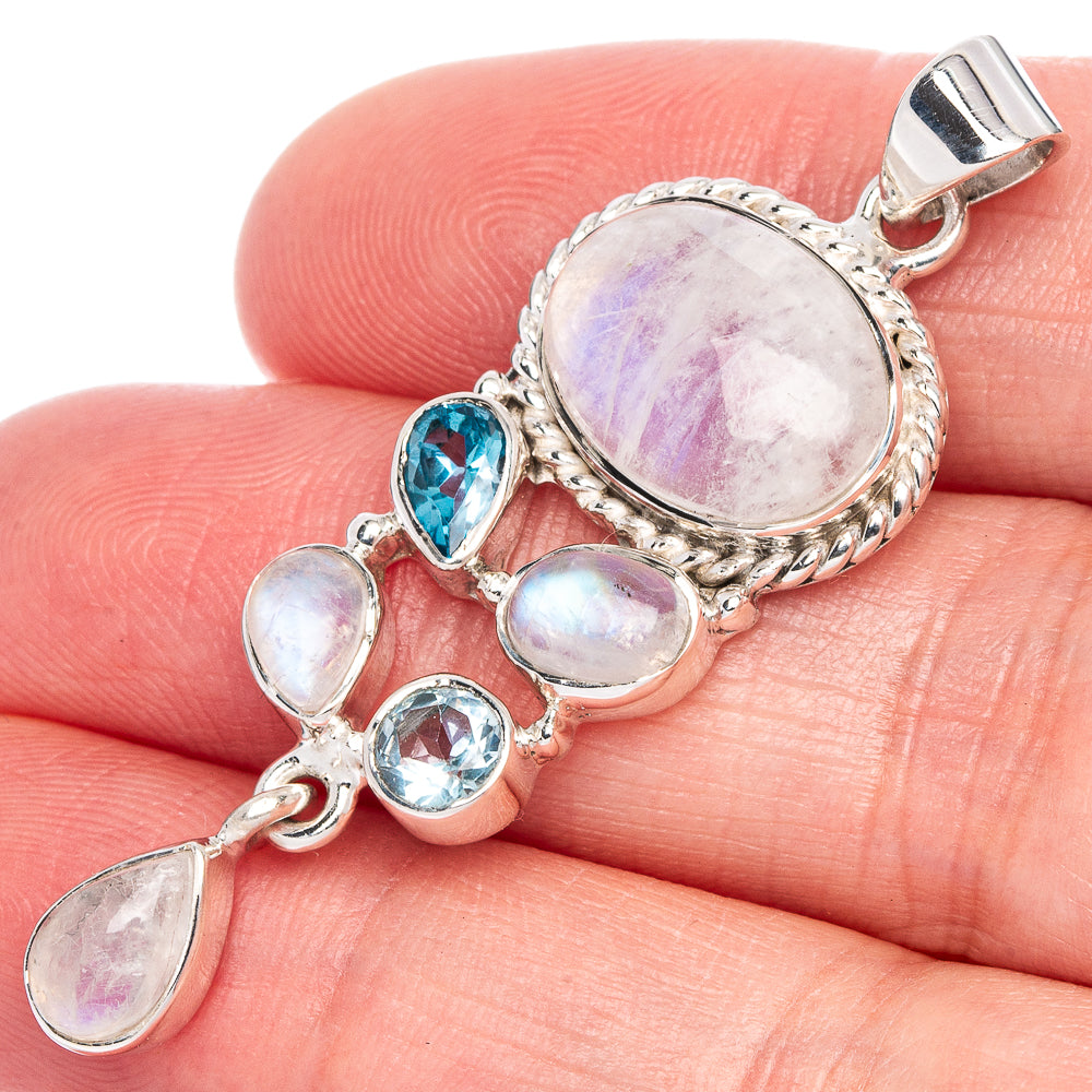 Signature Rainbow Moonstone, Blue Topaz Pendant 1 7/8" (925 Sterling Silver) P41181