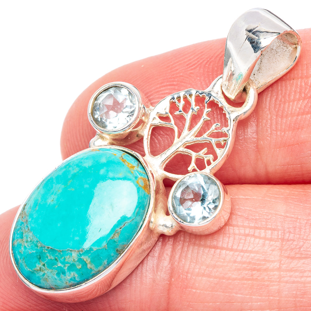 Rare Kingman Turquoise, Blue Topaz Tree Pendant 1 3/8" (925 Sterling Silver) P41116