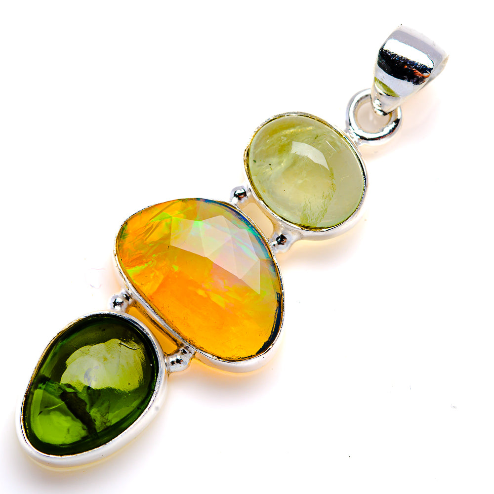 Ethiopian Opal, Green Tourmaline, Prehnite Pendant 2" (925 Sterling Silver) PD38083