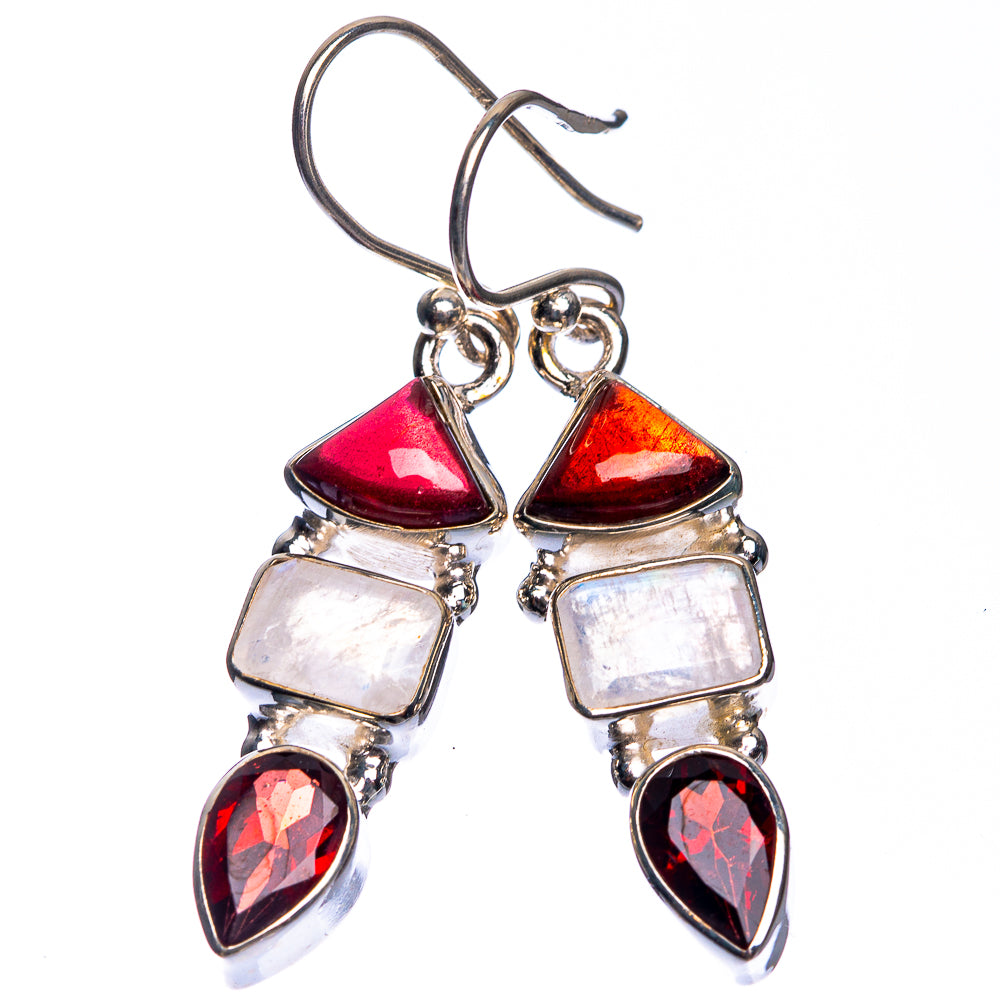 Rainbow Moonstone, Garnet Earrings 1 5/8" (925 Sterling Silver) E432644