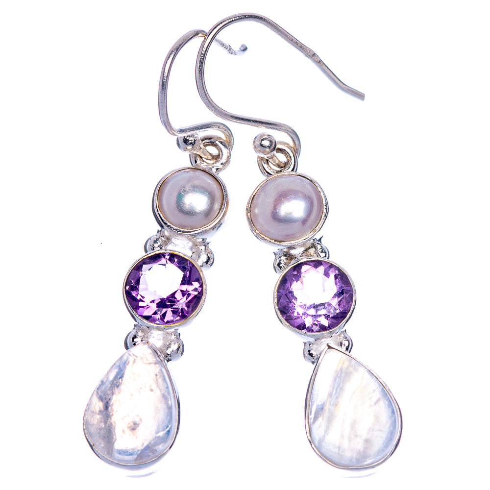 Rainbow Moonstone, Amethyst Earrings 1 5/8" (925 Sterling Silver) E1065