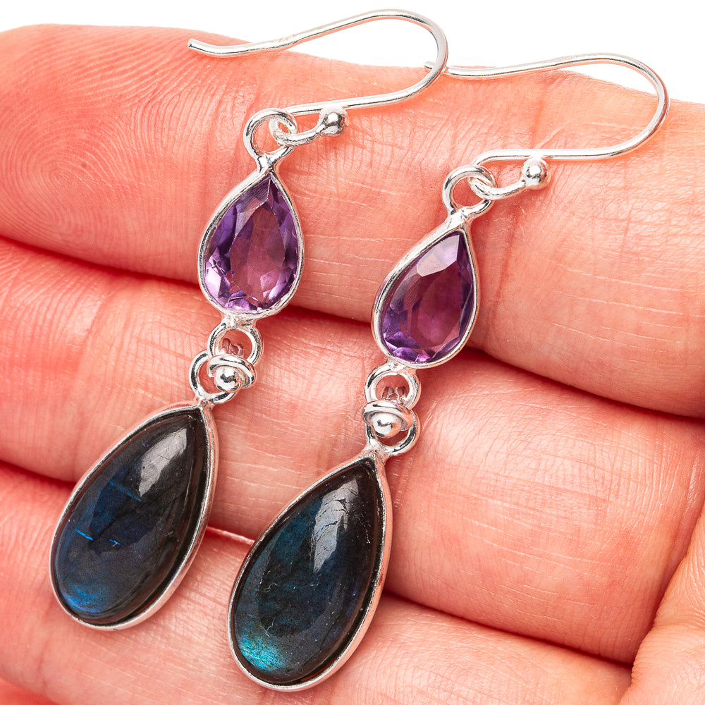 Labradorite, Amethyst Earrings 2" (.925 Sterling Silver)