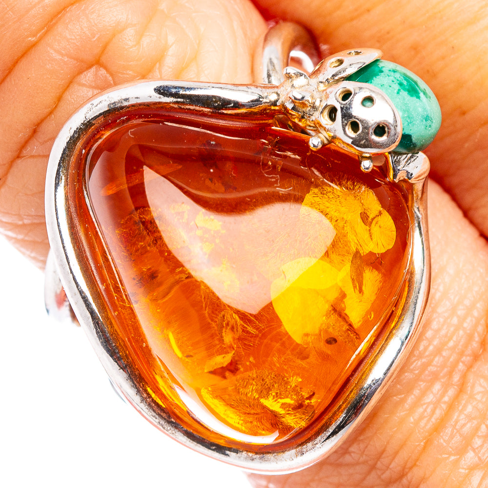 Baltic Amber Ladybug Ring Size 8 Adjustable (.925 Sterling Silver)