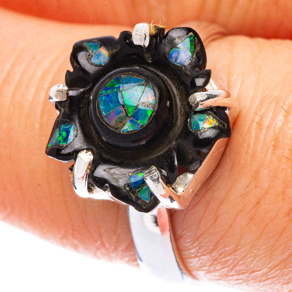 Rare Black Onyx Opal Flower Ring Size 8 (925 Sterling Silver) R2513