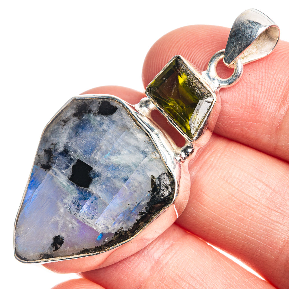Raw Rainbow Moonstone, Peridot Pendant 1 7/8" (925 Sterling Silver) P39101