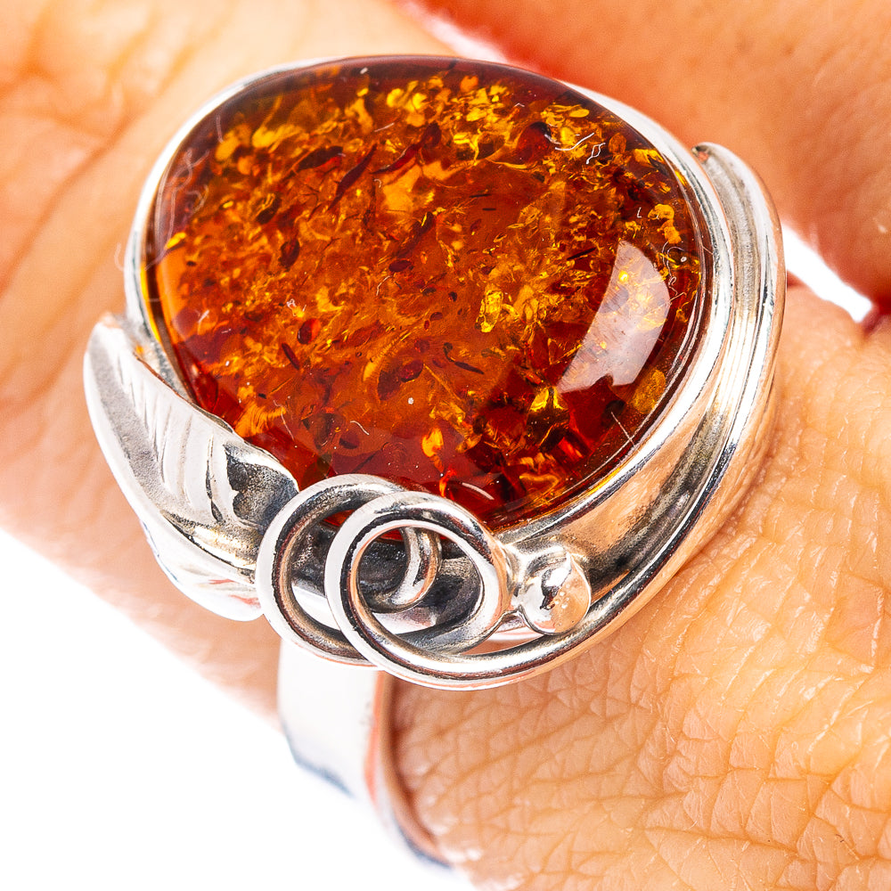Baltic Amber Leaf Ring Size 7 Adjustable (.925 Sterling Silver)