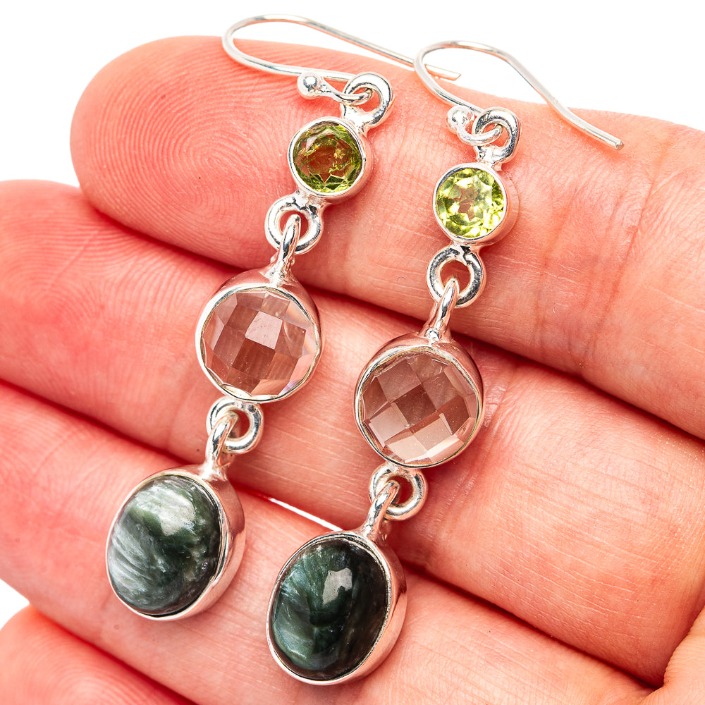 Premium Seraphinite, White Quartz, Peridot Earrings 2 1/8" (.925 Sterling Silver)
