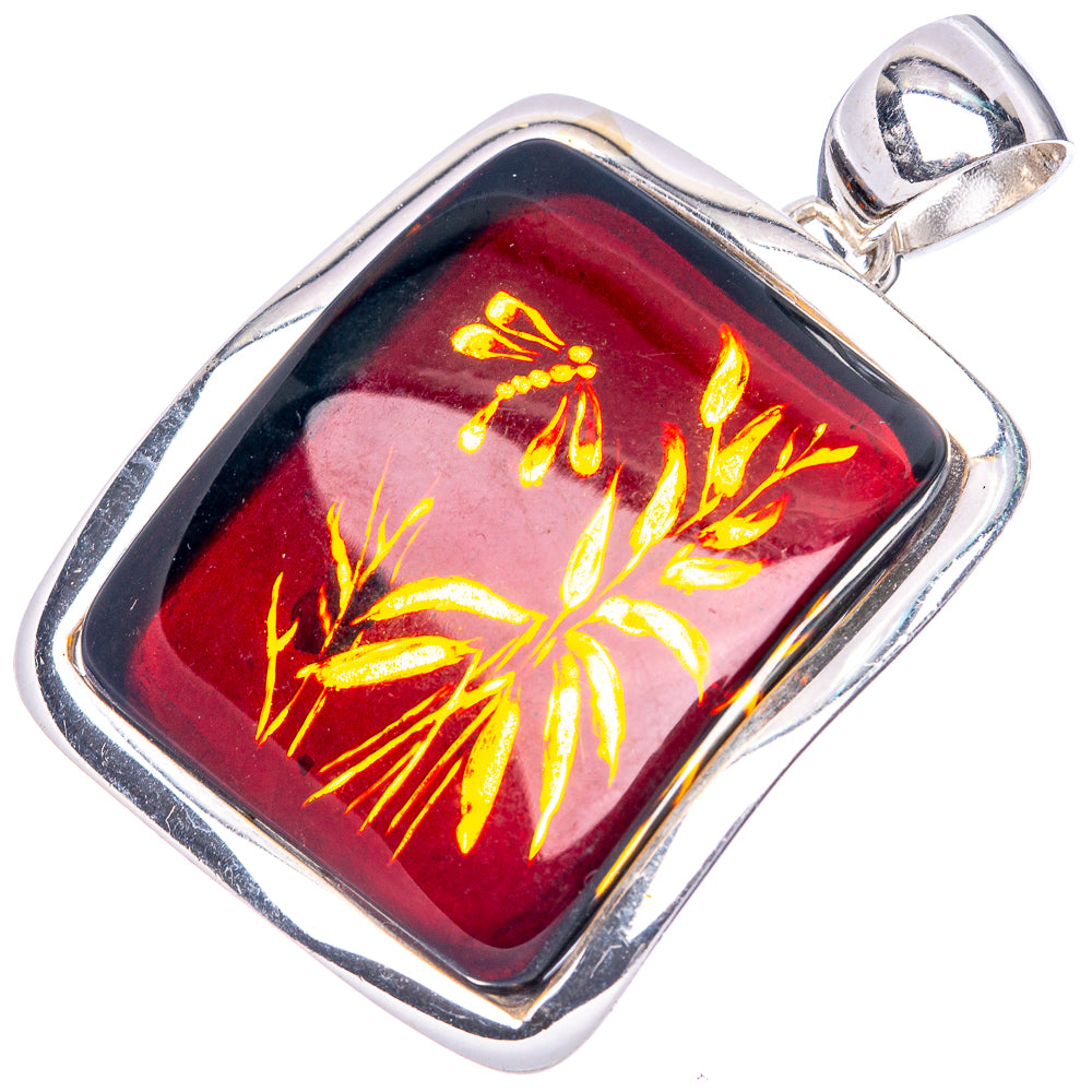 Amber Intaglio Dragonfly Pendant 1 3/4" (925 Sterling Silver) P42585