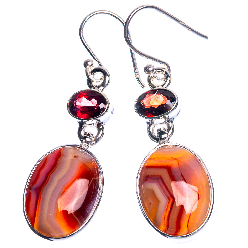 Botswana Agate, Garnet 925 Sterling Silver Earrings 1 3/4"