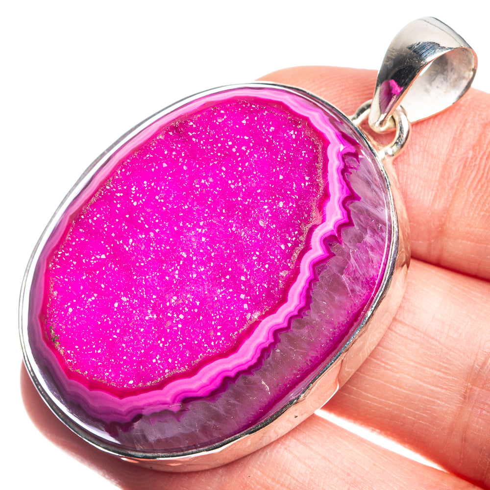 Pink Druzy 925 Sterling Silver Pendant 1 7/8"