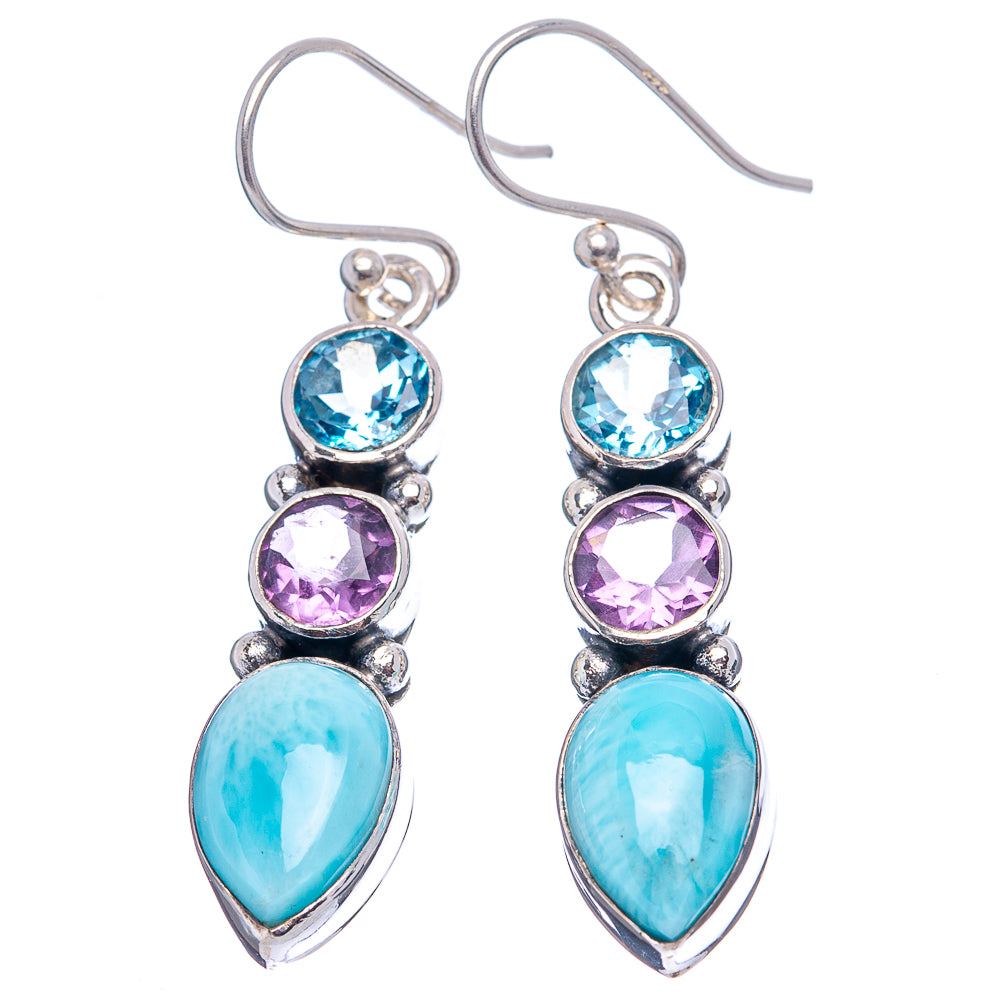 Premium Larimar, Blue Topaz, Amethyst Earrings 1 3/4" (.925 Sterling Silver)