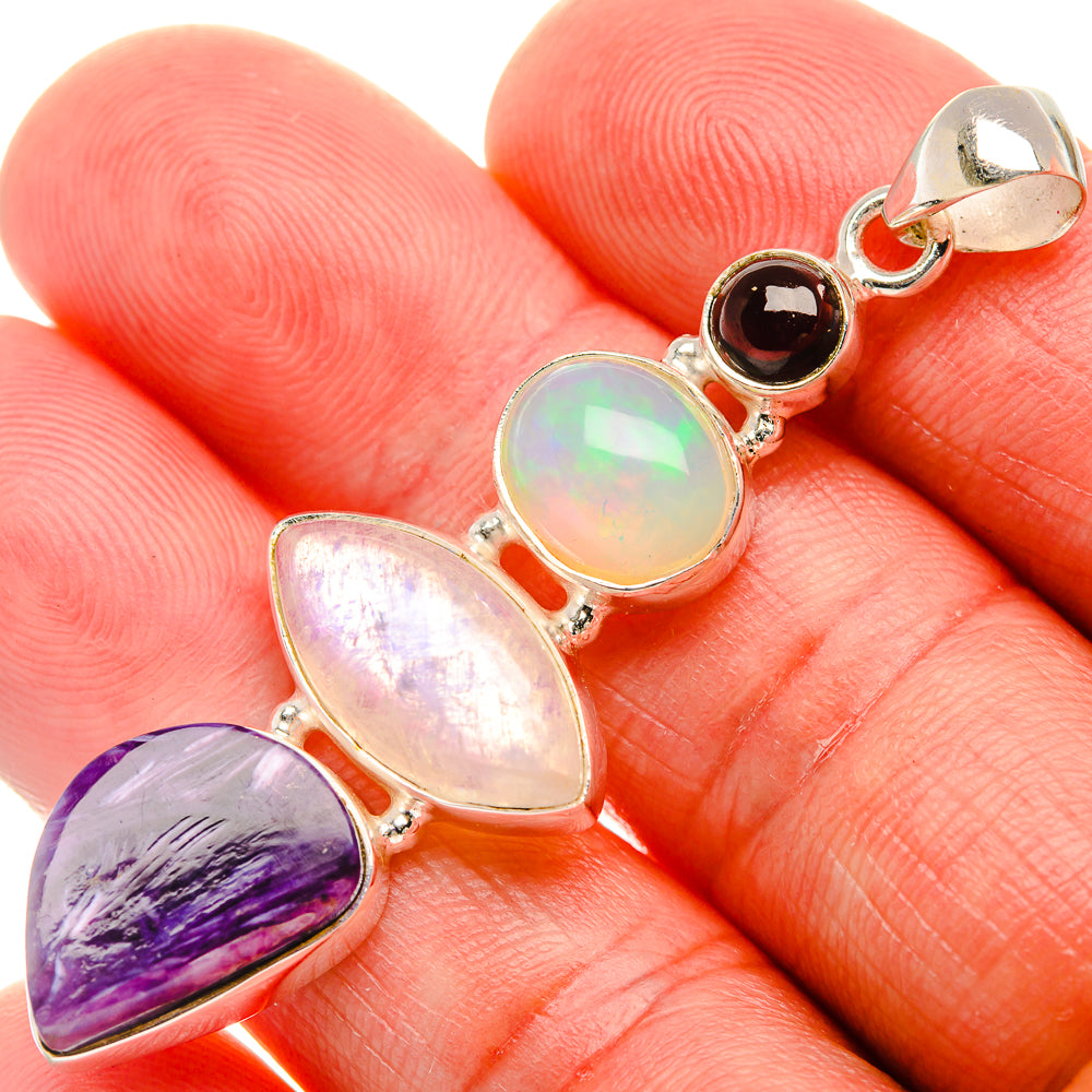 Charoite, Rainbow Moonstone, Ethiopian Opal, Garnet Pendant 2 1/4" (925 Sterling Silver) PD38184