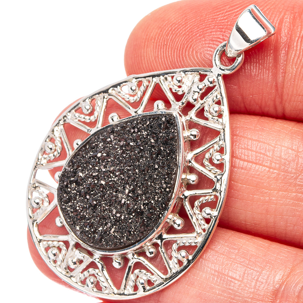 Premium Black Titanium Druzy Pendant 1 5/8" (.925 Sterling Silver)