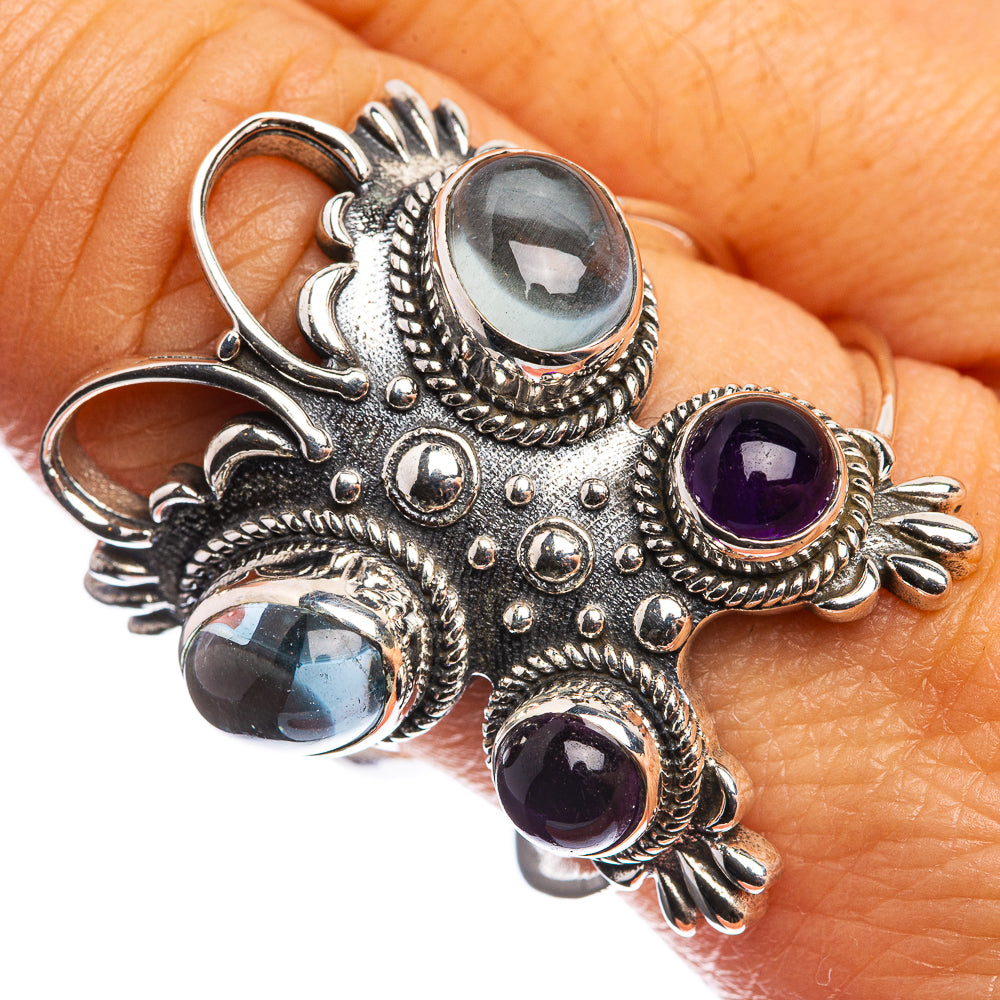 Large Natural Aquamarine, Amethyst 925 Sterling Silver Ring Size 9
