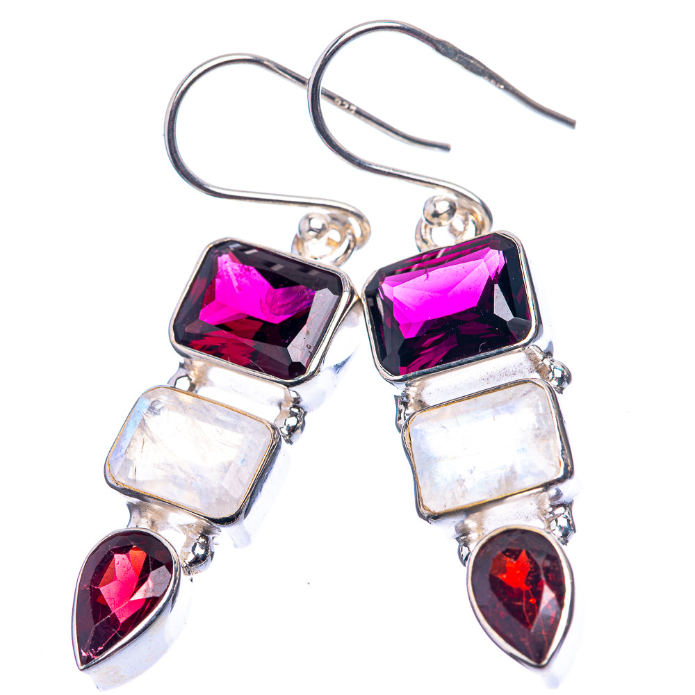 Garnet, Rainbow Moonstone, Pink Quartz Earrings 1 5/8" (925 Sterling Silver) E432406