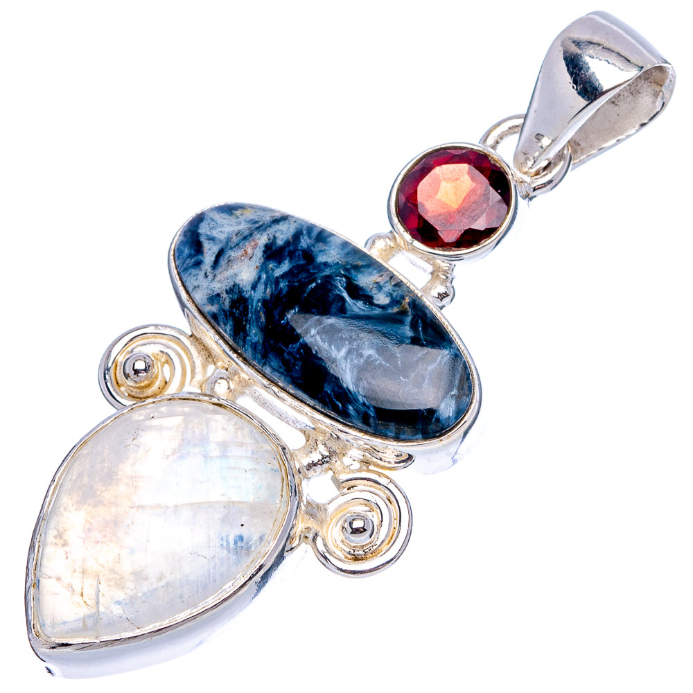 Premium Pietersite, Rainbow Moonstone, Garnet Pendant 1 3/4" (.925 Sterling Silver)