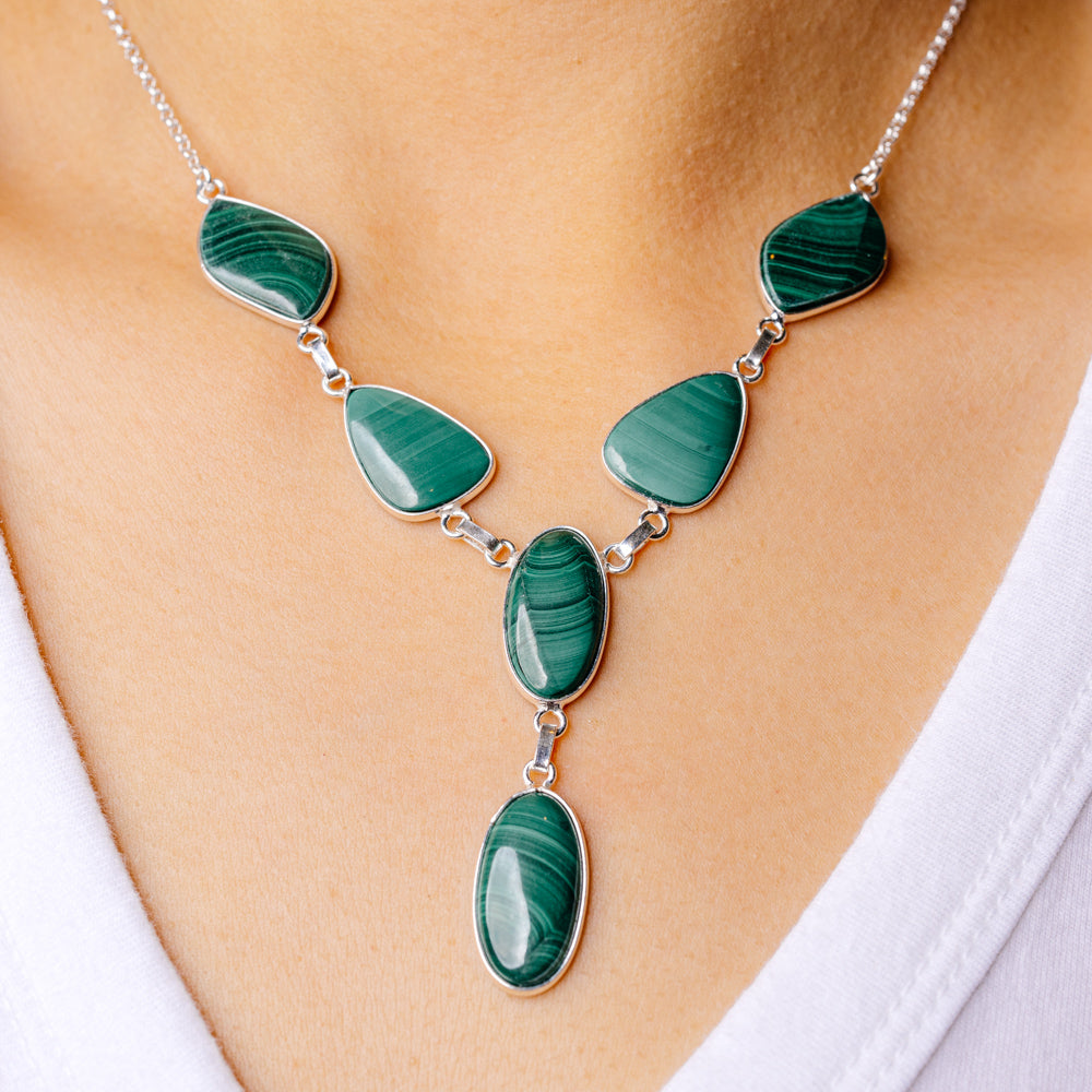 Malachite Necklace 16 3/4 To 18 1/2" (925 Sterling Silver) N90121
