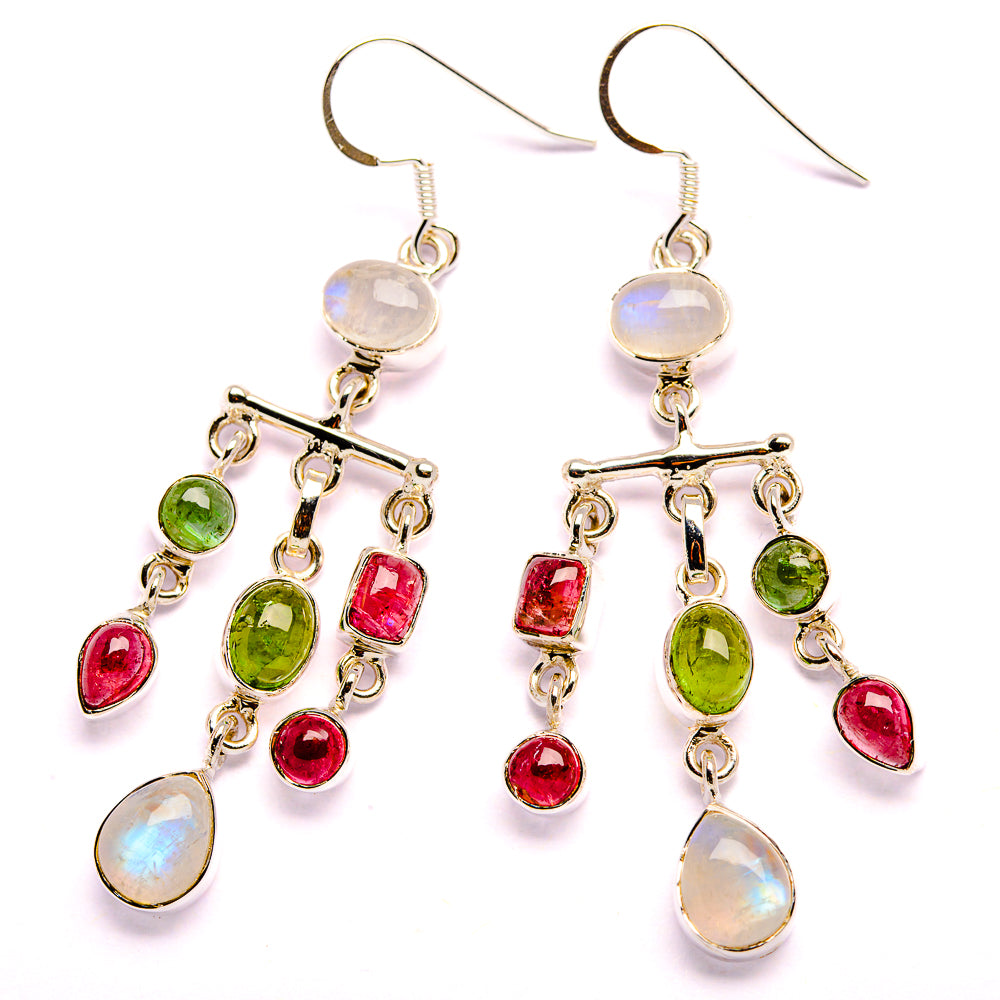 Signature Rainbow Moonstone, Pink Tourmaline, Green Tourmaline Earrings 2 1/2" (925 Sterling Silver) EARR431976