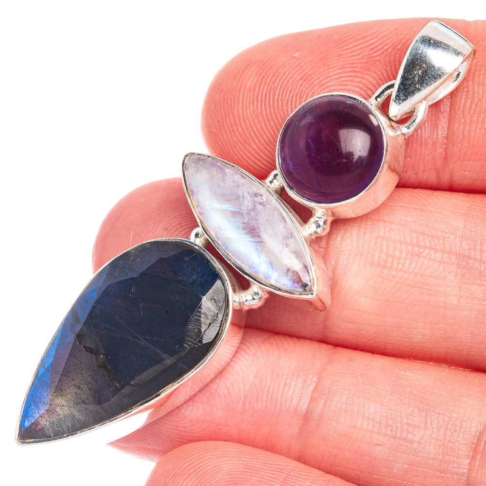 Labradorite, Rainbow Moonstone, Amethyst Pendant 2 1/8" (925 Sterling Silver) P39781