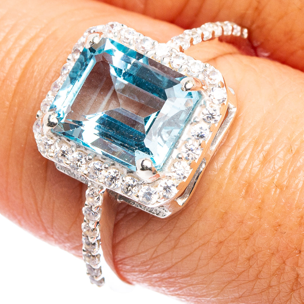 Faceted Blue Topaz, Cubic Zirconia Ring Size 9 (.925 Sterling Silver)