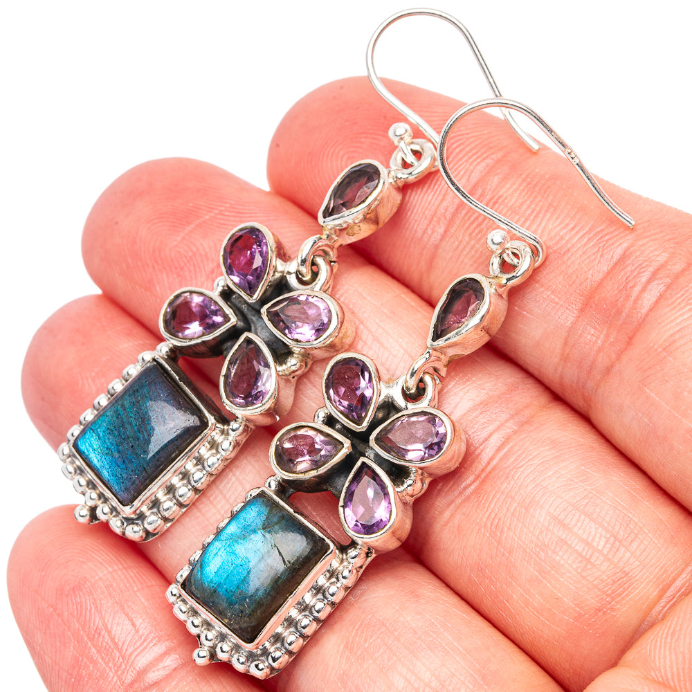 Premium Labradorite, Amethyst Earrings 2 1/8" (925 Sterling Silver) E1583