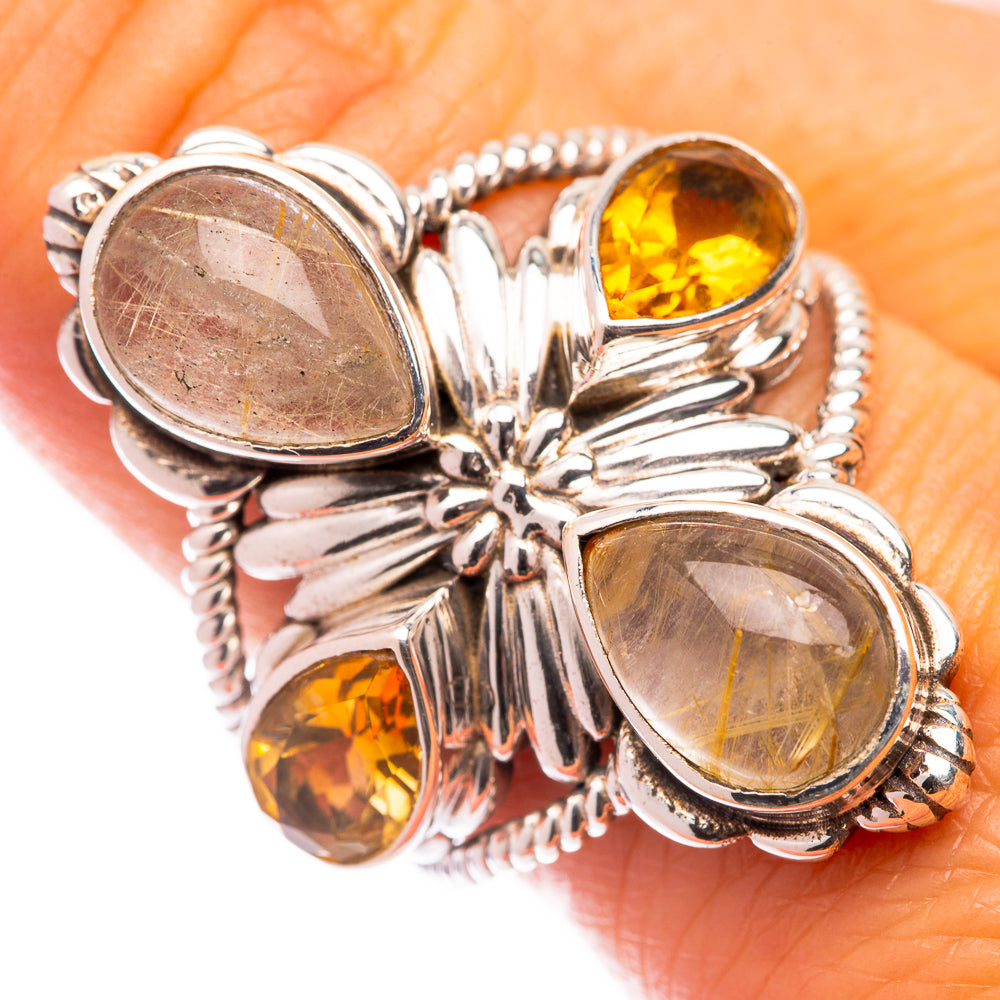 Large Rutilated Quartz, Citrine Ring Size 9 (925 Sterling Silver) R140987