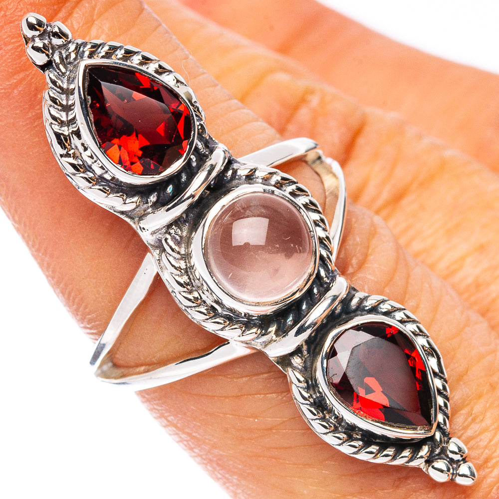 Premium Rose Quartz, Garnet Ring Size 7 (925 Sterling Silver) R8100