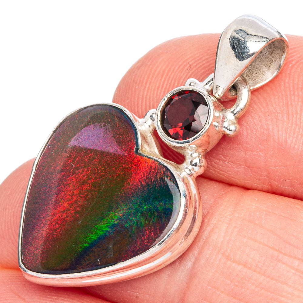 Aura Opal Heart, Garnet Pendant 1 1/4" (925 Sterling Silver) P40307