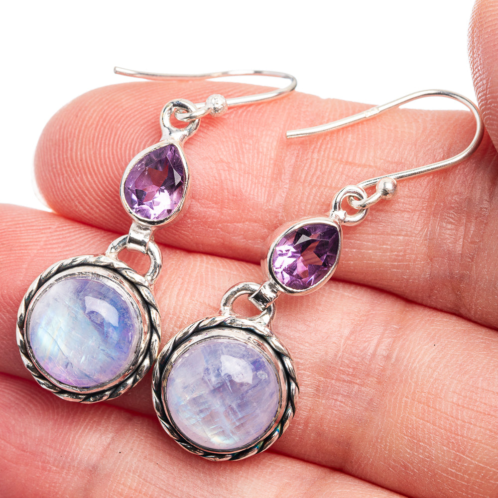 Rainbow Moonstone, Amethyst Earrings 1 5/8" (925 Sterling Silver) E432439