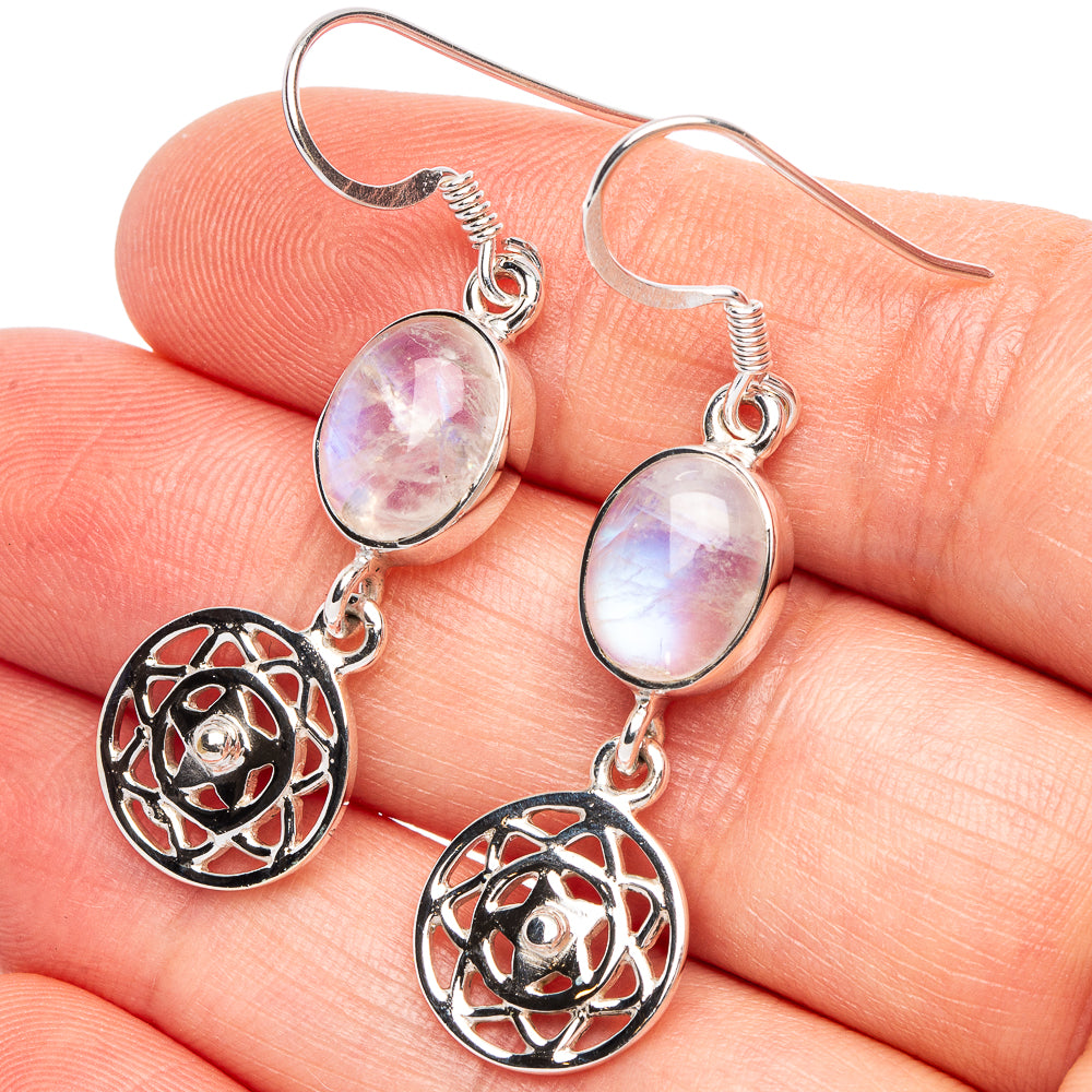 Rainbow Moonstone Flower 925 Sterling Silver Premium Earrings 1 3/4" (925 Sterling Silver) E2261