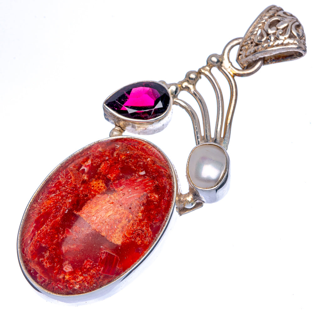 Sponge Coral, Garnet, Cultured Pearl Pendant 2 1/8" (925 Sterling Silver) P40055