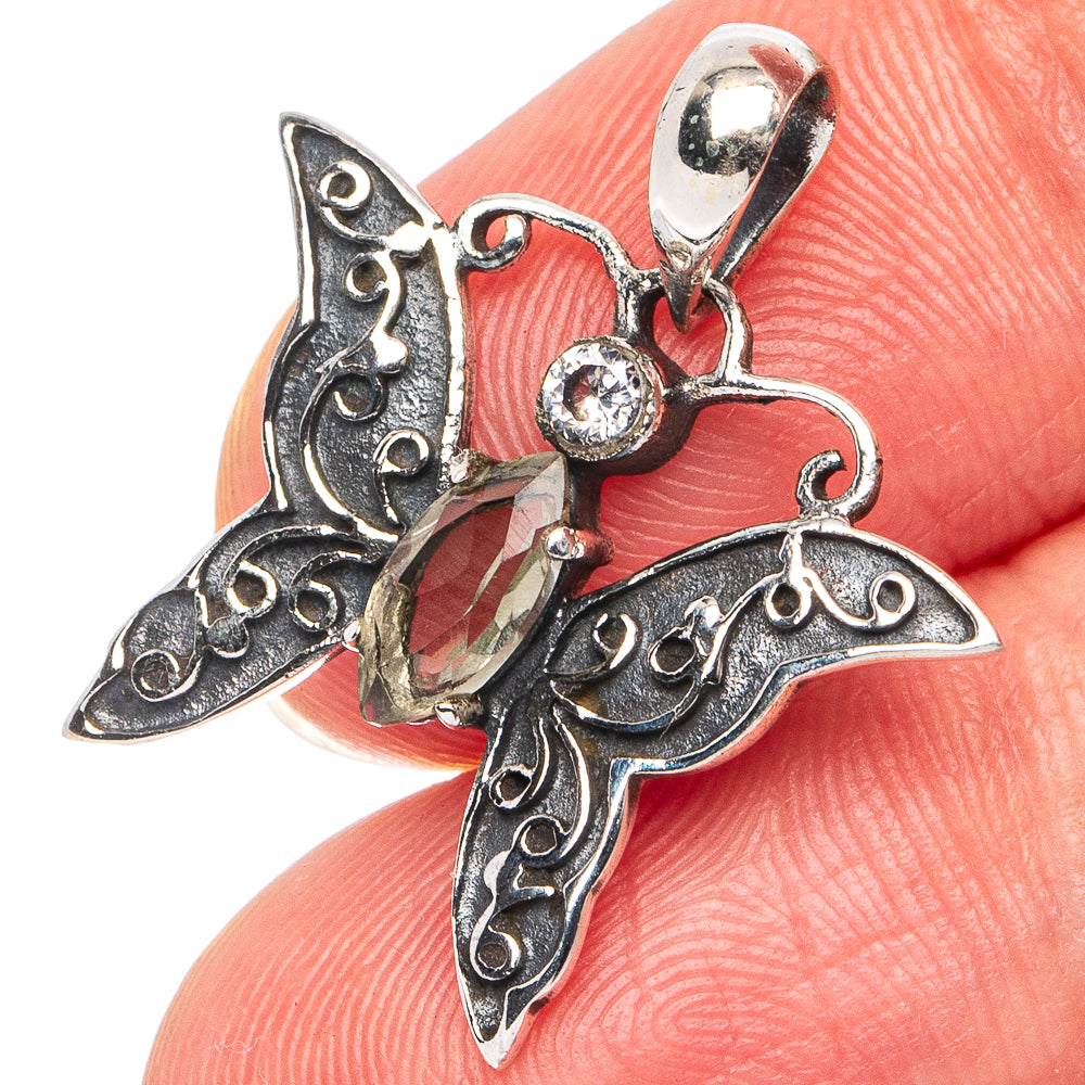 Green Amethyst, White Quartz Butterfly Pendant 7/8" (925 Sterling Silver) P45569